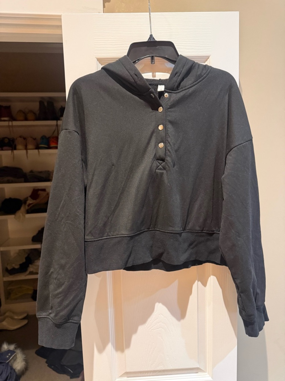 Black Cropped Hooded Button-Up Sweatshirt